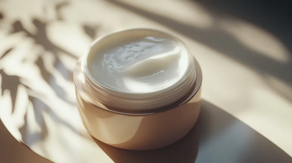 A close-up shot of a round jar of cream. The jar is a light brown color and the cream inside is white. The cream has been scooped out of the jar, leaving a swirl in the middle. The jar sits on a light-brown surface, with a soft, natural light coming from the left of the frame. The cream looks luxurious and hydrating.