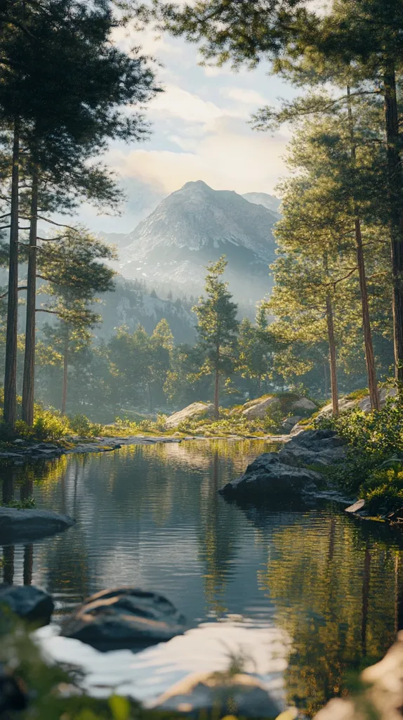 The image shows a serene mountain landscape with a tranquil lake in the foreground. Tall pine trees stand on either side of the lake, their branches reaching towards a clear blue sky. The water is still and reflects the surrounding trees and mountains, creating a mirror-like effect. In the distance, a majestic mountain range rises up, its peaks covered in a soft mist. The scene is bathed in the warm glow of the setting sun, casting a golden hue over the landscape.  The overall impression is one of peace and tranquility, inviting viewers to escape into the beauty of nature.