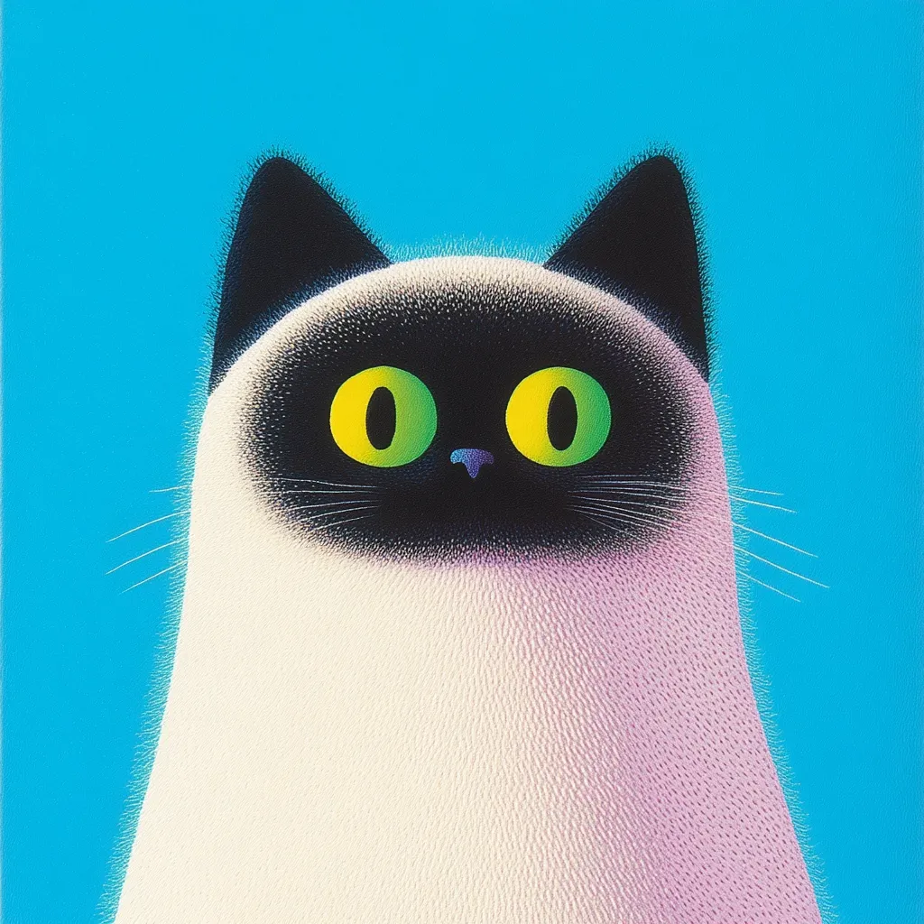 The image is a close-up portrait of a cat. It's a Siamese cat with white fur and black markings on its face. Its eyes are large and bright green, and its expression is curious and alert. The background is a vibrant blue, creating a striking contrast to the cat's fur.  The cat's fur is rendered in a stippled style, giving it a soft and fuzzy appearance. The image is playful and whimsical, capturing the personality of a curious cat.