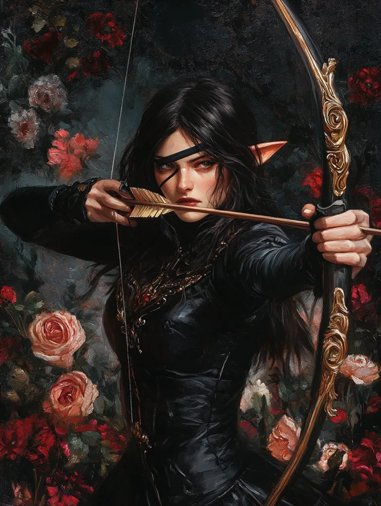 The painting depicts a dark-haired elf woman dressed in black, with a single eye visible through a black eye patch. She is aiming a bow and arrow, her expression fierce and determined. The background is a lush, dark green, accented by deep red roses. The woman's pose and attire suggest a warrior or hunter, while the roses symbolize beauty and danger. The overall mood is one of intensity and anticipation.