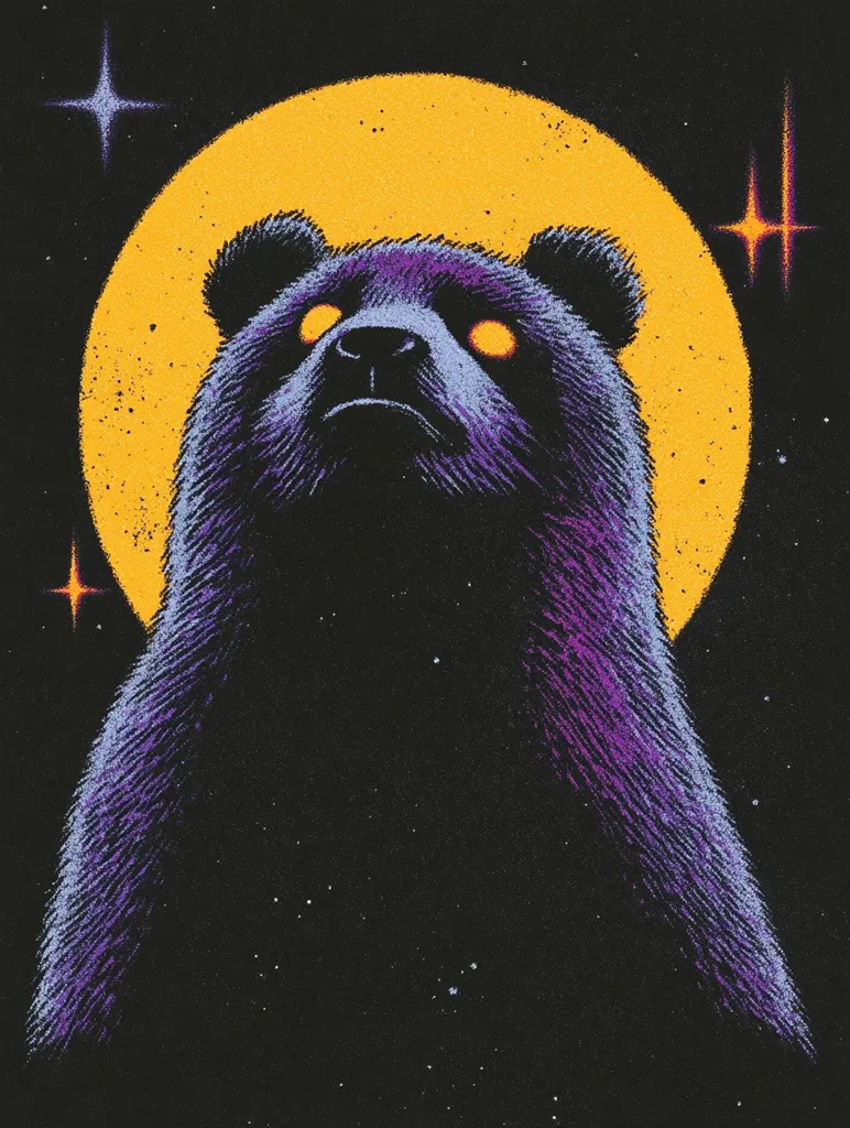 A dark, purple bear stands against a bright yellow moon, with glowing orange eyes, looking up at the sky. Stars sparkle in the background, creating a mystical, cosmic scene. The bear's fur has a textured, grainy appearance, adding to the image's surreal feel.