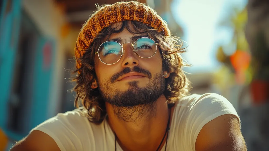 A young man with long brown hair, a thick beard, and a brown knitted hat is wearing round sunglasses. His eyes are closed, and he looks relaxed and peaceful. The image is shot in a shallow depth of field, with the background blurred out, making the man the focus. The image is likely taken outdoors, as the lighting suggests sunlight.
