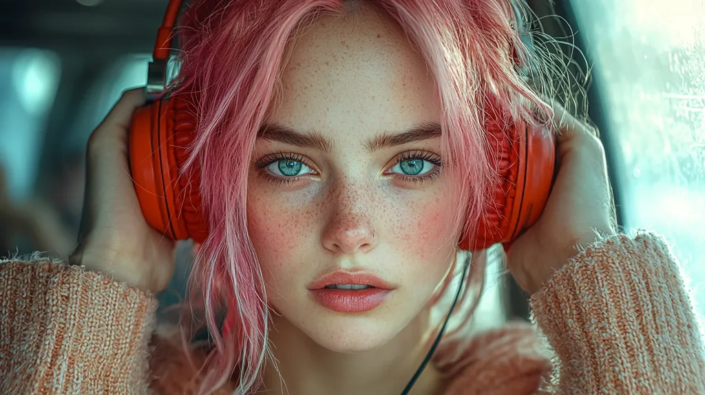 A young woman with pink hair and freckles is wearing large red headphones and a cream-colored knitted sweater. She is looking directly at the camera with a serious expression, her blue eyes and slightly parted lips conveying a sense of focus and contemplation. The image is close-up, emphasizing her features and the headphones.  The lighting is soft and warm, creating a gentle and intimate atmosphere.
