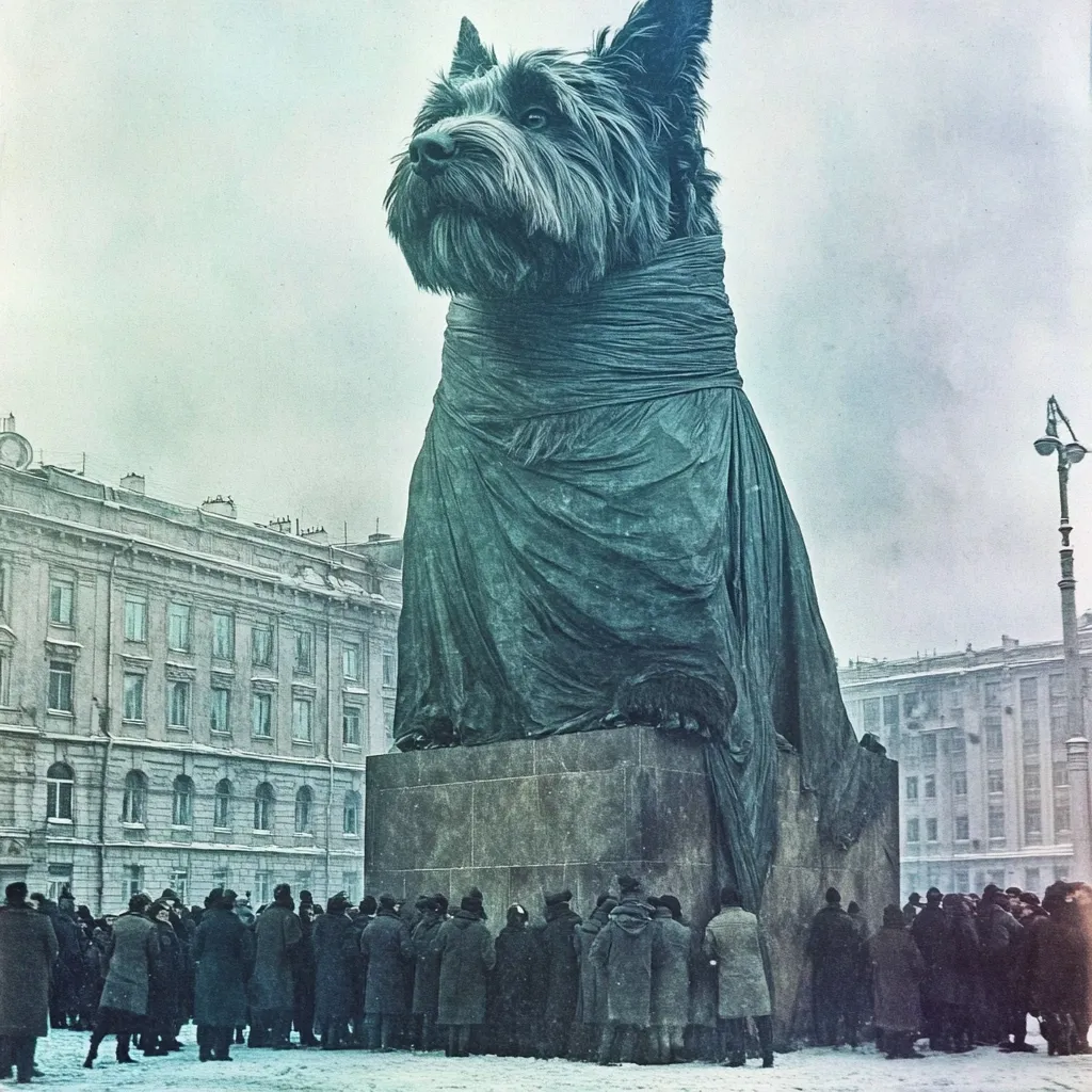 A large, covered statue of a dog stands in a city square.  It appears to be a terrier breed. The statue is covered with a cloth drape.  A large crowd of people stand around the statue.  The statue is set on a stone pedestal.  The background shows a building with many windows.  The image is in a faded, vintage style.