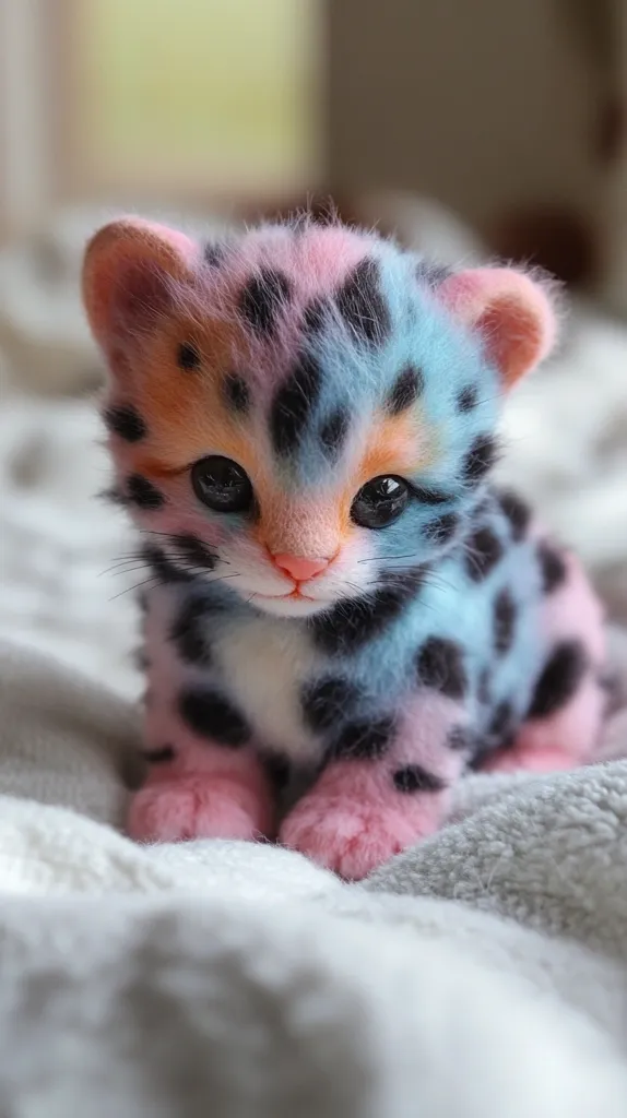 A close-up shot of a small kitten with pink and blue fur and black spots. The kitten is lying on a white blanket, with its head slightly tilted and its big eyes looking directly at the camera. The kitten's paws are visible, with pink fur on the bottom.  The focus is sharp on the kitten, creating a blurred background. The image is brightly lit and has a soft, cuddly feel.