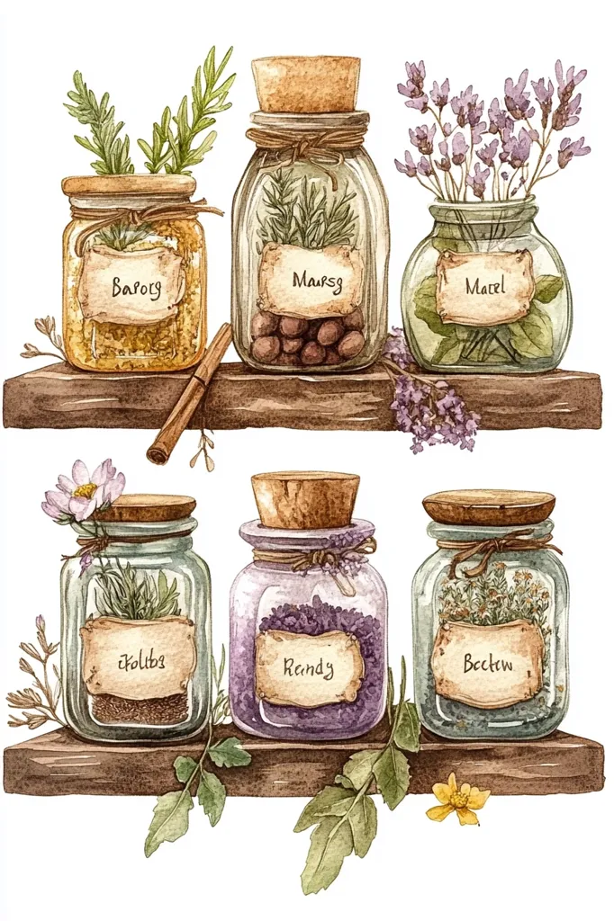 Six glass jars filled with herbs and flowers are arranged on two wooden shelves. Each jar has a handwritten label, such as "Barog", "Marsig", and "Randy". The image is painted in a watercolor style with soft colors and delicate details, creating a vintage and whimsical feel.  The jars are surrounded by greenery and sprigs of lavender, adding to the natural beauty of the scene.