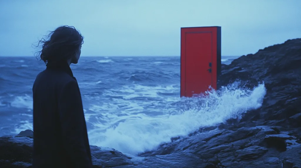 A lone figure stands on a rocky shore, facing a bright red door partially submerged in the turbulent ocean. The waves crash against the rocks, creating a dramatic and ethereal scene. The figure's silhouette stands out against the blue sky, their back turned to the viewer, suggesting a sense of contemplation or uncertainty about the unknown path ahead. The red door, a stark contrast against the blue and grey tones of the scene, symbolizes a potential escape or new beginning.  The overall mood is one of solitude and mystery, with the image inviting viewers to ponder the meaning behind the red door and the figure's journey.