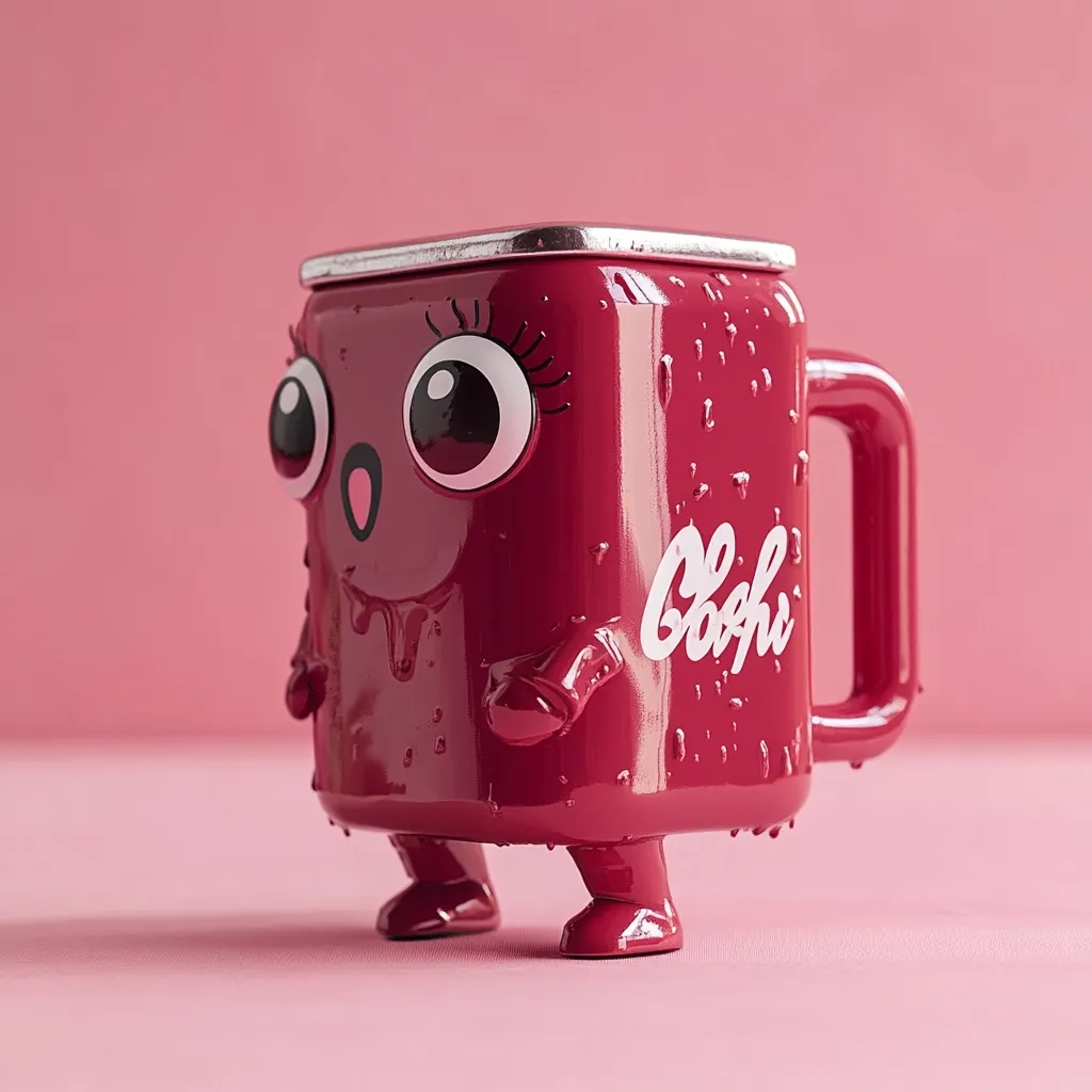 The image shows a red mug with a cute cartoon face and legs. It has large eyes, a surprised expression and the word "Caffè" written on the side. The mug is standing on a pink surface with a pink background.  The mug has a shiny metallic top and the word "Caffe" is in a white, cursive font.