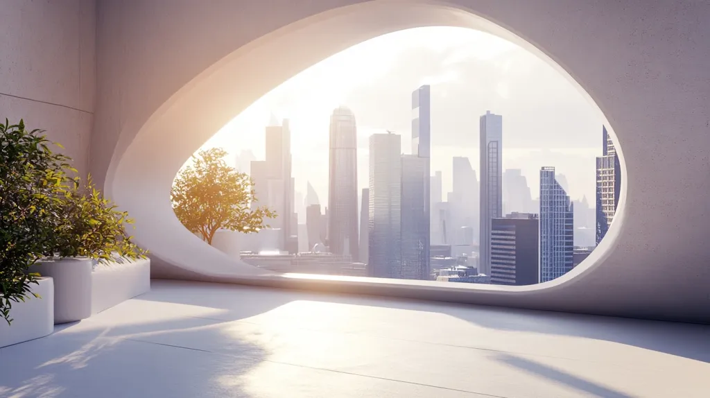 A modern, minimalist balcony with a large, oval window framing a cityscape. The window is a keyhole shape and the view is of a city skyline with tall buildings and a hazy sky. The sun is setting over the city, casting a warm glow on the scene. The balcony is white and has a few potted plants. The overall feeling is one of peace and serenity.