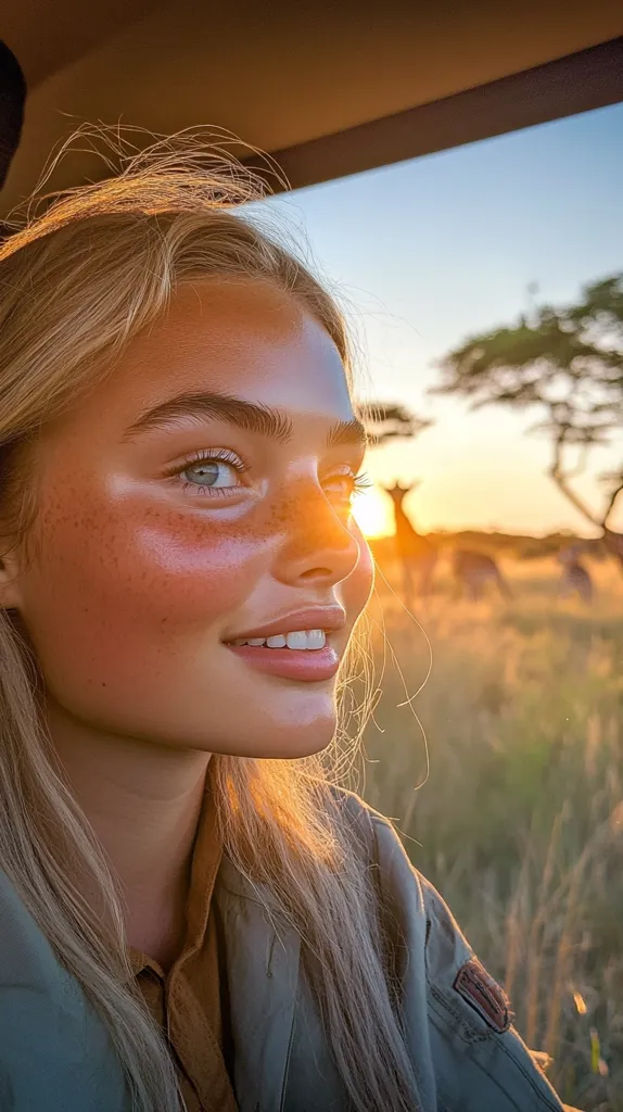 A young woman with blonde hair and freckles looks out of a car window, smiling. The setting sun casts a warm glow on her face.  The blurry background shows a field of tall grass and some animals in the distance.