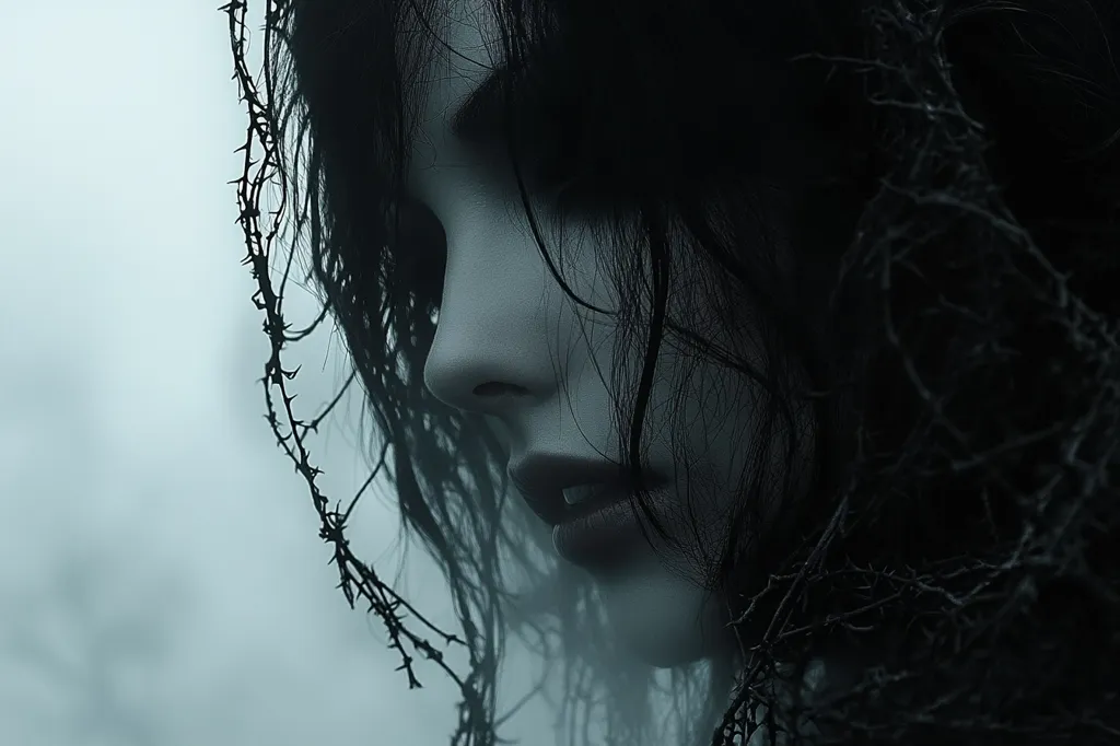 A woman with dark hair and a veil of thorns covers her face. Her lips are painted a dark red, and her eyes are shadowed. The background is a hazy gray. The image has a dark and mysterious feel.