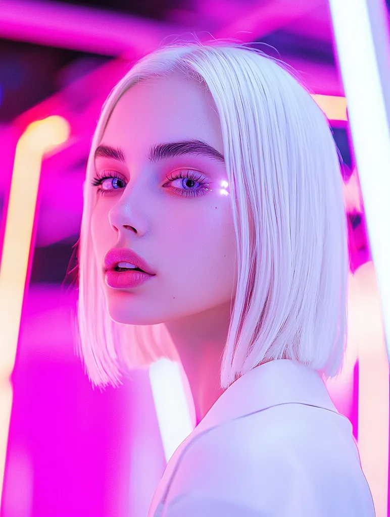 A young woman with platinum blonde hair stares directly at the camera, her face illuminated by neon pink and white lights. She wears a white collared shirt and has subtle glitter on her cheeks. The backdrop is a blurred collection of neon shapes and colors. The image conveys a futuristic, ethereal vibe.