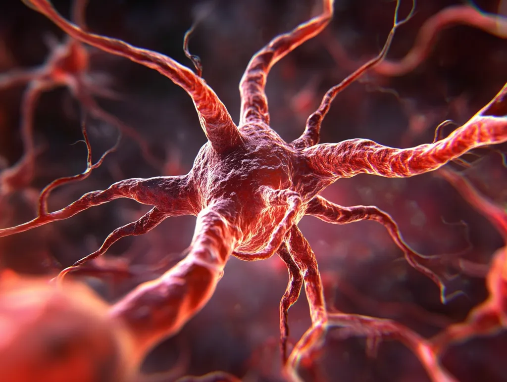The image shows a close-up of a neuron, a nerve cell, with its intricate network of dendrites and axons extending outward from the cell body. The neuron appears as a complex and delicate structure, with a reddish-brown coloration. It highlights the complexity and beauty of the human nervous system.