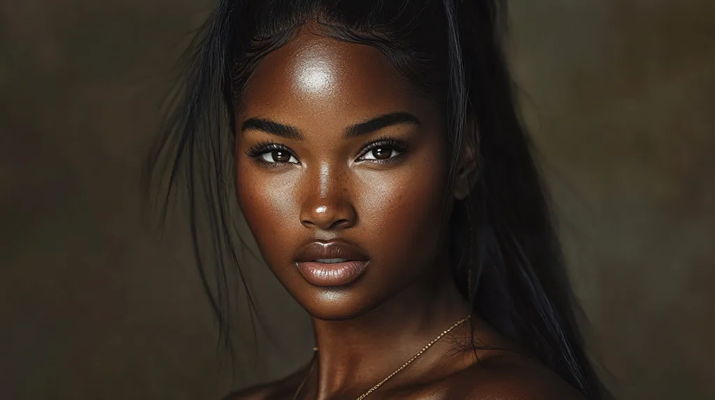 The image shows a close-up portrait of a young Black woman with long dark hair pulled back from her face. She is looking directly at the camera with a serious expression. Her skin is dark and flawless, and she has beautiful brown eyes. The lighting is soft and warm, highlighting her features.  The focus is on her eyes and lips. The background is blurred, suggesting a simple, yet intimate setting. The image exudes an air of confidence and beauty.