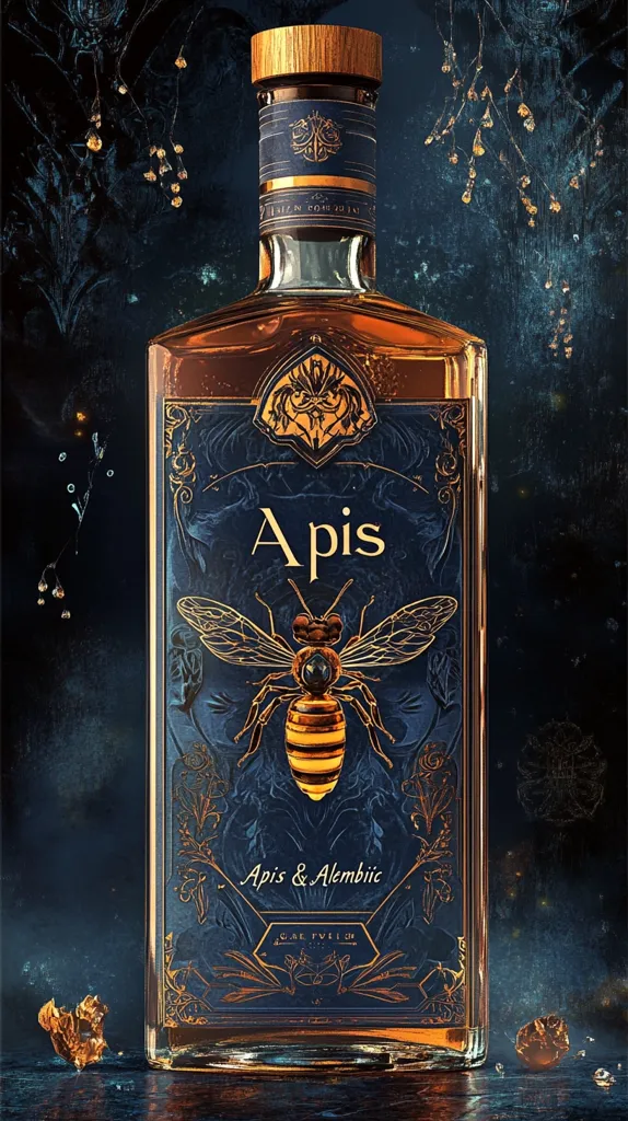 The image shows a glass bottle of amber liquid with a wooden top. The label is navy blue with gold lettering, and features a stylized image of a honeybee with the word "Apis" printed in large letters. There is a small flourish of text that reads "Apis & Alembic" and "G.R.E.V.E.L.I.G.H." The bottle sits on a dark surface with a gold-colored object to the left of the bottle and another gold-colored object to the right. The background is a dark blue and green, with a small cluster of gold-colored objects in the top left corner.  The bottle is lit with a warm glow, making it the center of the image.