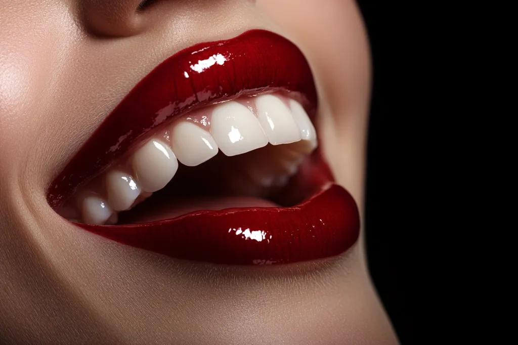 A close-up shot of a woman's mouth, showcasing her bright white teeth and glossy, red lips. Her lips are slightly parted, revealing a hint of her tongue. The image is shot against a black background, highlighting the vivid colors of her smile.