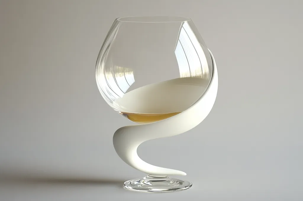The image shows a unique glass goblet with a white, curved base. The glass is round and clear, with a small amount of liquid inside. It appears to be an artistic design, perhaps for displaying a small amount of alcohol or a decorative object. The background is a simple, light gray. The light reflection in the glass and the shape of the base give the goblet a modern and sleek aesthetic.