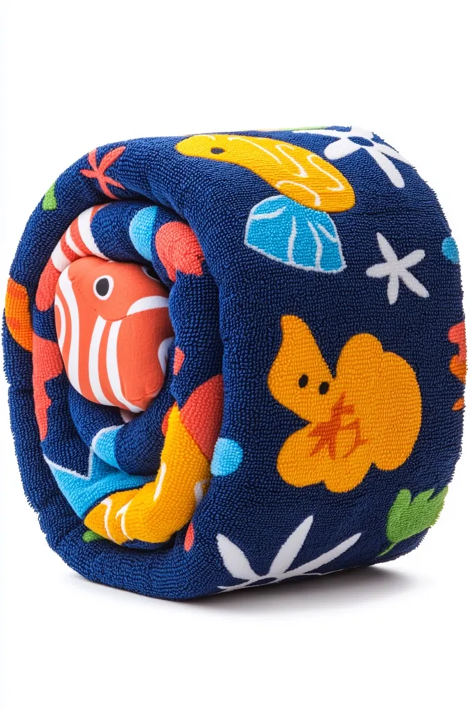 A rolled up blue towel with a colorful ocean-themed pattern. It features a fish, seashells, and coral. The towel is made of soft, fluffy terry cloth and is perfect for drying off after a swim.  The towel is rolled up tightly, showing its design clearly.  The towel is sitting on a white background.