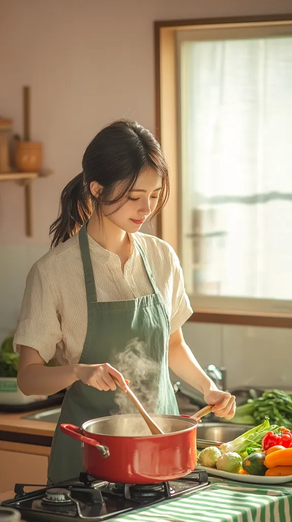 A young woman in a green apron is cooking in a kitchen. She is stirring a pot of steaming food with a wooden spoon, while a plate of fresh vegetables sits on the counter beside her. Sunlight streams in from a window behind her. The scene is bright and warm, suggesting a homey and comforting atmosphere.