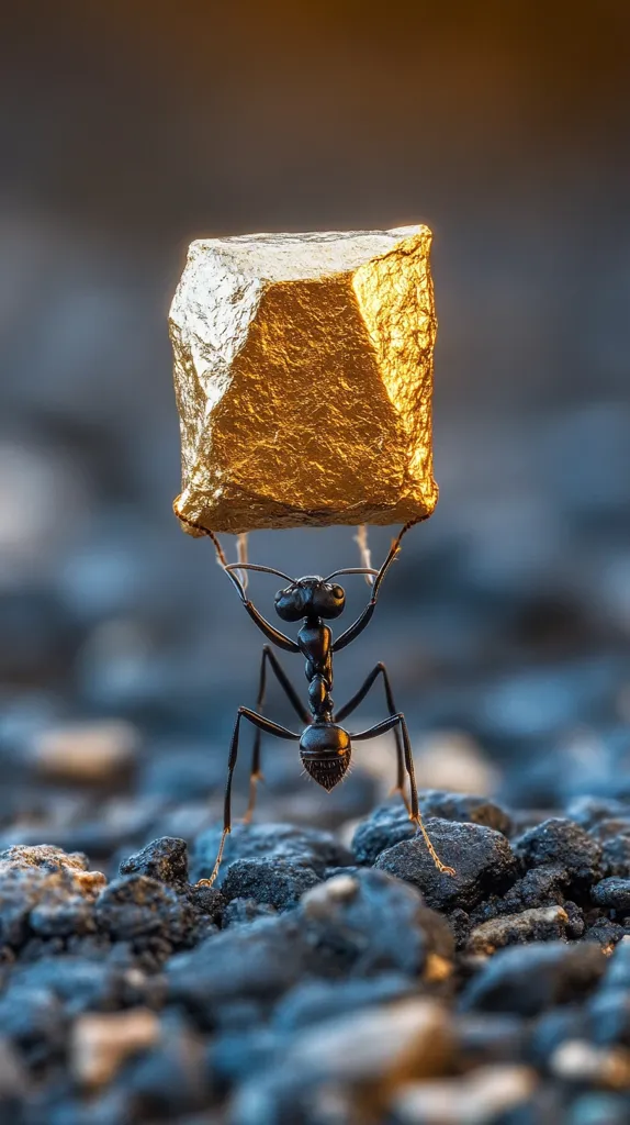 A black ant is carrying a large, gold-colored rock on its back. The ant is standing on a bed of dark-colored gravel. The ant's legs are spread out wide, and its body is bent slightly under the weight of the rock. The rock is smooth and rounded, and it casts a shadow on the ground. The ant's eyes are focused on the task at hand, and its mandibles are clenched tightly around the rock.