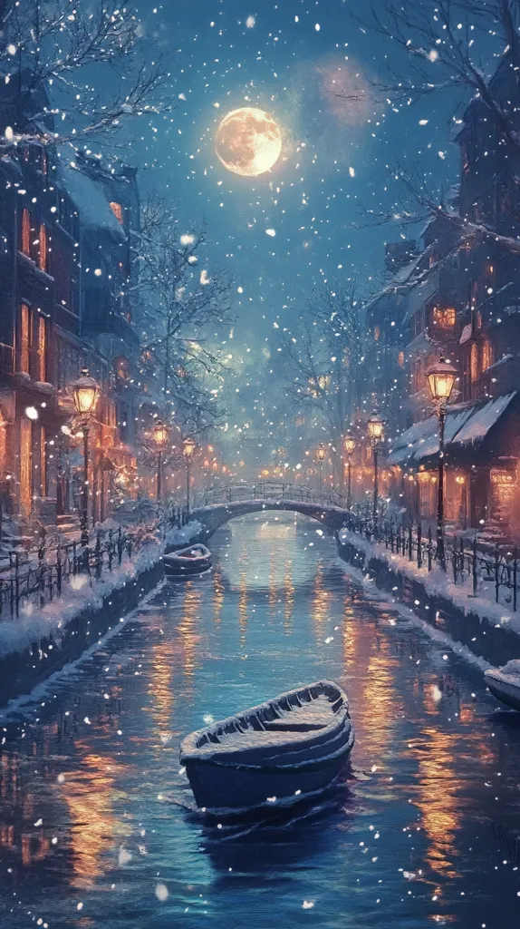 The image depicts a picturesque winter scene. A narrow canal winds through a quaint town, lined with snow-covered buildings adorned with warm, inviting lights. A full moon shines brightly in the sky, casting a gentle glow upon the scene. Snowflakes gently fall, creating a magical ambiance. A small boat sits peacefully on the water, reflecting the serenity of the evening. The image evokes a sense of tranquility and charm.