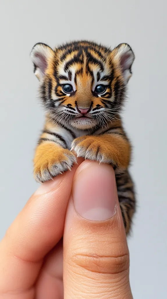 A tiny tiger cub with black stripes and orange fur is held gently in a human hand. The cub's eyes are closed and its paws are resting on the hand. The cub is very small, and the human hand is much larger. The background is a plain white wall. The image captures the delicate and vulnerable nature of a newborn tiger cub.