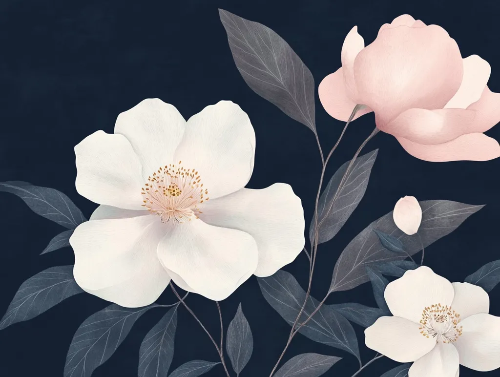 The image depicts a delicate floral arrangement against a deep blue background. Two large blossoms, one white and one pink, dominate the composition, with smaller white blossoms and gray-green leaves adding depth and texture. The flowers have soft, rounded petals and delicate centers, creating a sense of elegance and tranquility. The contrast between the light flowers and dark background enhances the visual impact.