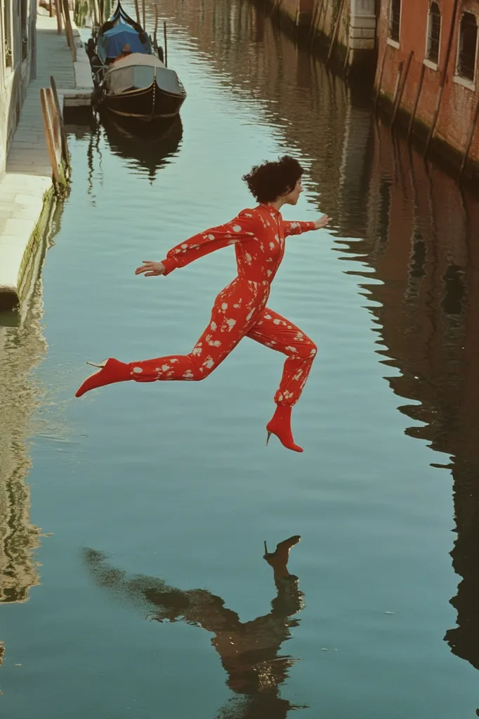 A woman in a red floral jumpsuit leaps over a canal in Venice, Italy. Her legs are outstretched as she jumps, and her arms are out to her sides. The water is calm and reflects the sky and the woman's silhouette. A gondola is moored in the distance.  The image is a playful and stylish moment, capturing the spirit of the city.