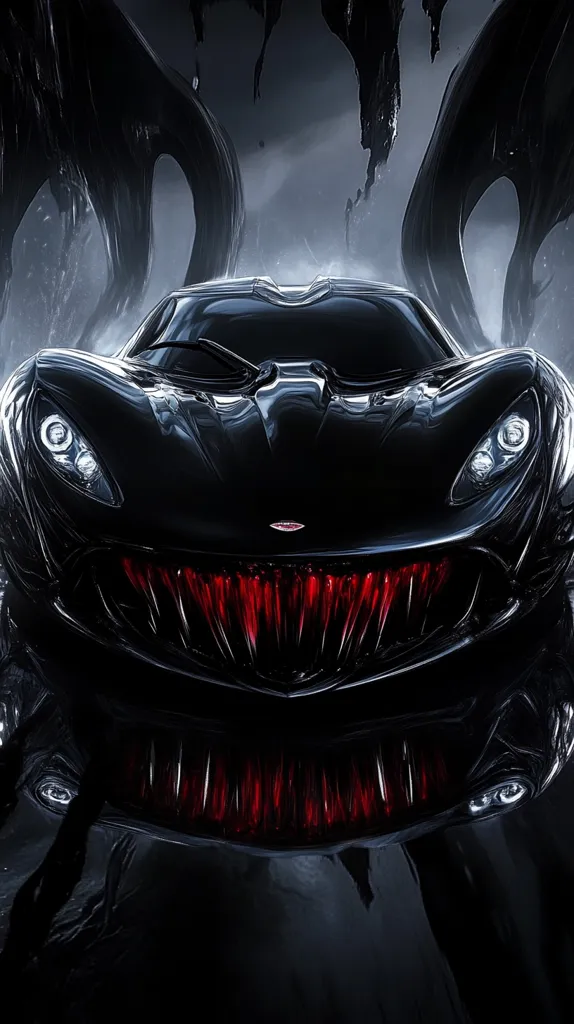A sleek black sports car with menacing red teeth-like grill sits in the center of the image.  It's surrounded by dark, shadowy forms that appear to be dripping down from above. The car is lit from the front, making it appear almost menacing and predatory. The image evokes a sense of mystery and danger.