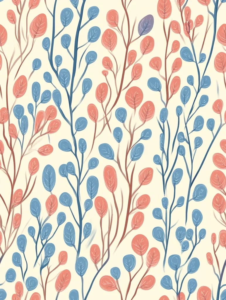 The image is a seamless pattern of stylized blue and pink leaves on a cream background. The leaves are arranged in a random pattern, creating a visually appealing and calming effect. The image is perfect for use as a background or for creating a variety of designs.