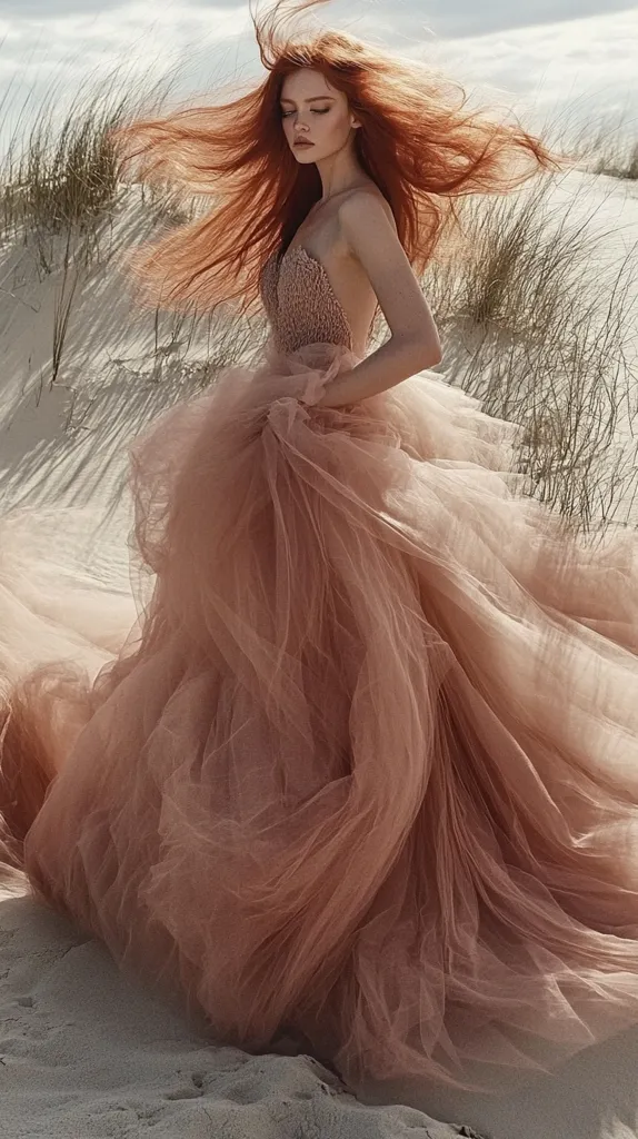 A woman with long, flowing red hair is wearing a blush-colored tulle gown that billows around her as she stands in a sandy landscape. The dress is sheer and delicate, with a fitted bodice and a flowing skirt. The wind is whipping through her hair, creating a dramatic and ethereal effect. The image captures a sense of beauty and grace, with the woman's delicate features and the soft, flowing fabric of her dress. The backdrop of sand and sky creates a simple and timeless setting.