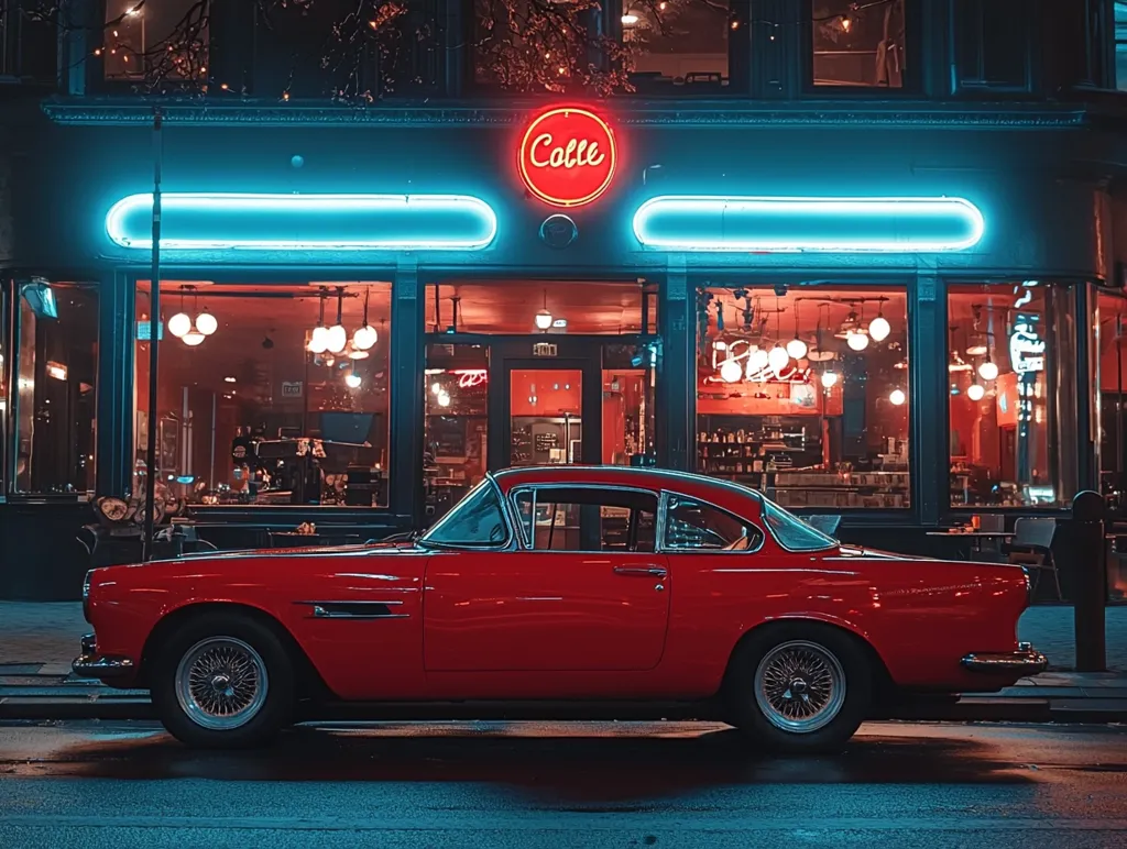 A classic red car is parked outside a brightly lit cafe with a neon sign. The cafe has large windows displaying the interior, with warm lights and a bar. The car has a sleek, vintage design, with a chrome grill and shiny wheels. The scene is bathed in a cool, blue light, creating a stylish and nostalgic atmosphere.