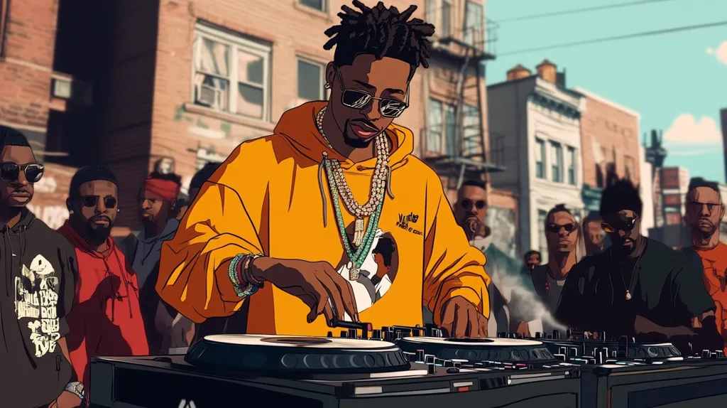 A DJ with a bright orange hoodie and multiple chains around his neck stands in a city street, mixing music on his turntables. He is surrounded by a crowd of onlookers, some wearing sunglasses and others with serious expressions. The image is vibrant and colorful, with the city backdrop providing a sense of urban life. The DJ's focus is on the music, creating a dynamic scene.