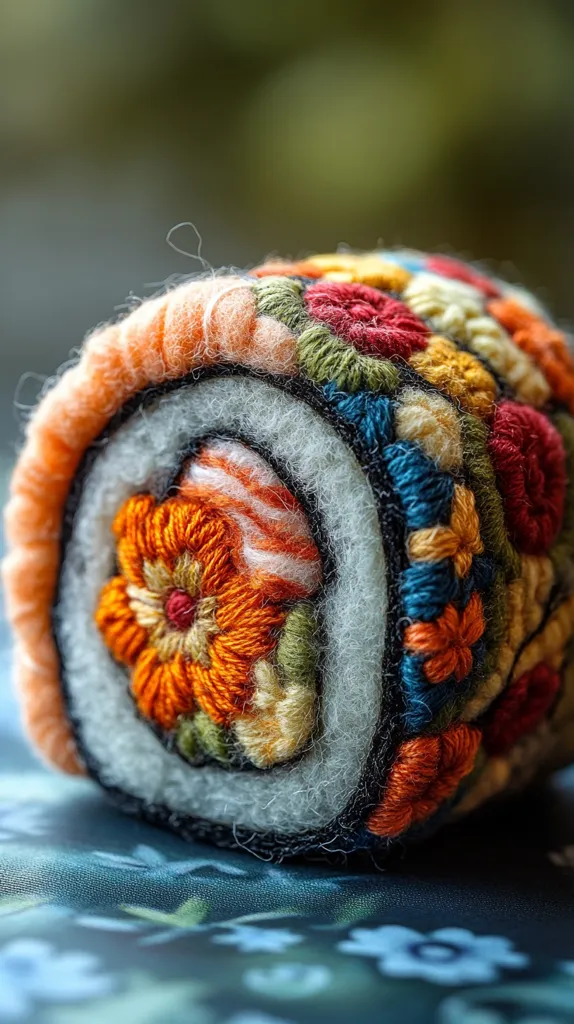A close-up of a colorful, intricately embroidered sushi roll. The roll is made of felt and the embroidery details depict flowers and other designs in shades of red, orange, yellow, green, blue, and white. It is sitting on a dark blue surface with a floral pattern.  The embroidery is so detailed that it appears almost three-dimensional.