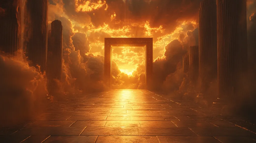 A golden, ornate doorway stands open in a heavenly setting.  Sunlight streams through the archway, illuminating the path leading to the heavens.  Columns line the pathway, creating a majestic entrance.  Clouds swirl above, adding to the ethereal atmosphere.  The image evokes a sense of peace and tranquility, suggesting a passage to a higher realm.