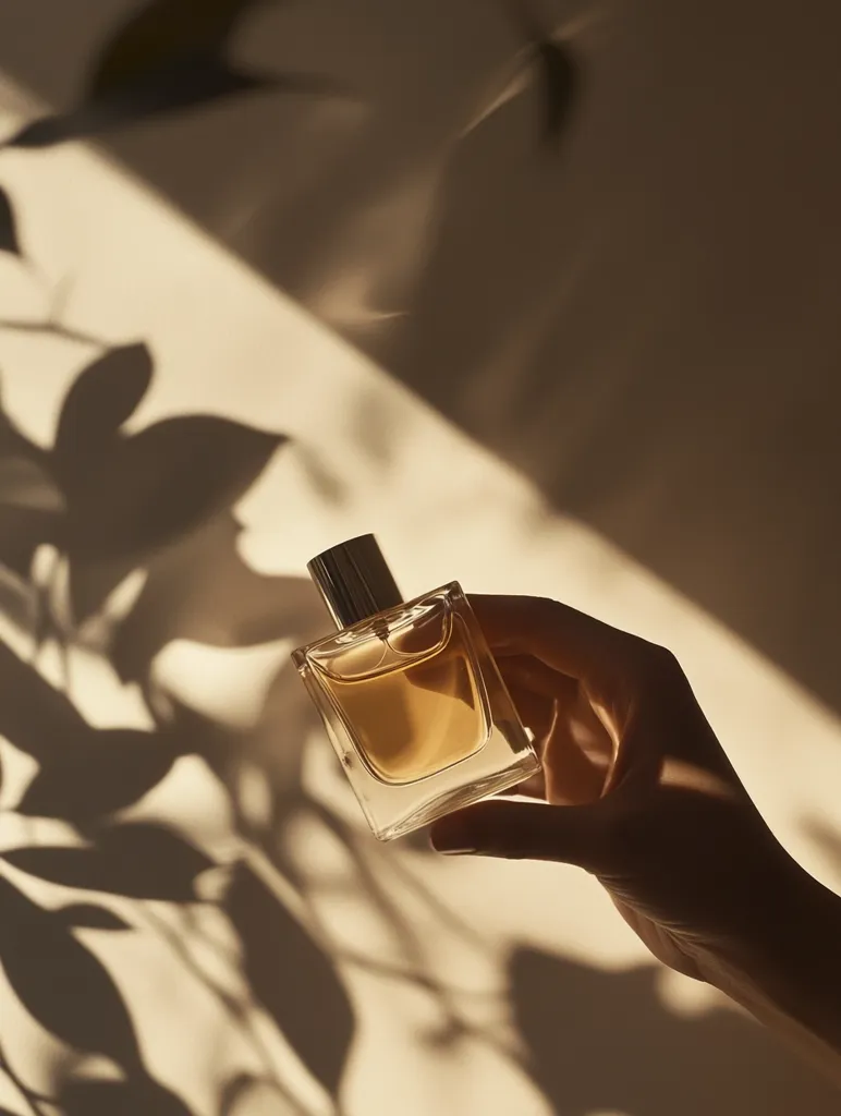 A hand holds a glass bottle of perfume in front of a light beige wall. The bottle is rectangular with a gold top and filled with a golden liquid. The sun casts shadows of leafy branches onto the wall. The scene is minimalistic and elegant.  The photo emphasizes the light and shadows, creating a soft and dreamy aesthetic.