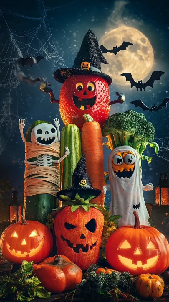 A spooky Halloween scene with vegetables dressed up as monsters. A strawberry in a witch's hat, a cucumber mummy, a carrot vampire, and a broccoli ghost.  Jack-o'-lantern pumpkins illuminate the scene, with bats flying around a full moon in the background. The image creates a fun and festive Halloween atmosphere.