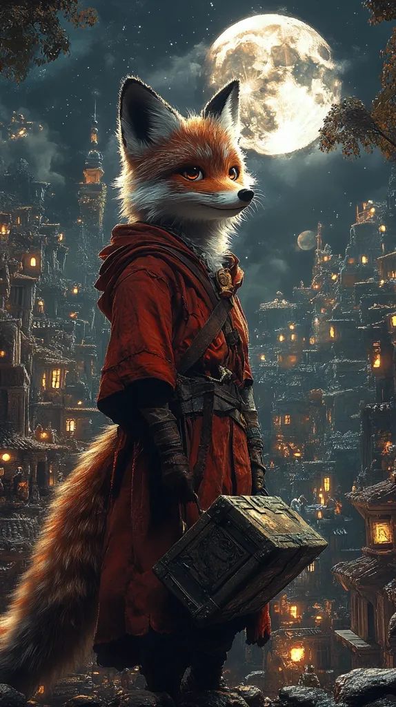A red fox, wearing a long red coat and carrying a heavy wooden chest, stands in front of a medieval city. The fox looks to the right, its eyes reflecting the moonlit night sky. The city glows with warm light, casting an ethereal ambience over the scene.  A full moon hangs high above, illuminating the fox and its surroundings.