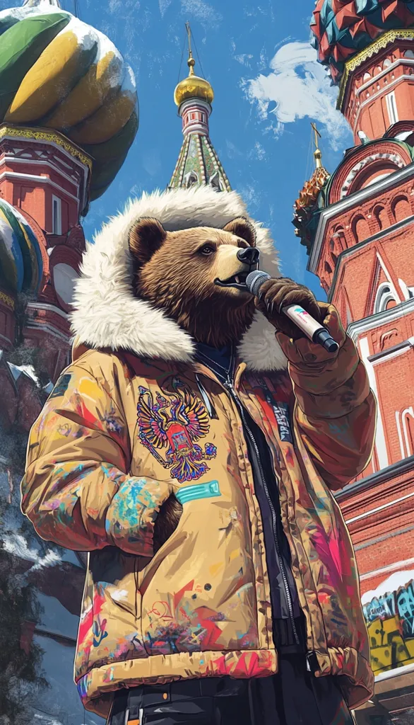 A brown bear wearing a colorful, graffiti-covered winter jacket and a fur-lined hood is standing in front of a red brick building with a golden dome. The bear holds a microphone and appears to be singing, with the vibrant red and gold building setting a bold and interesting scene. The image blends realism with a touch of whimsy, creating a unique and captivating visual.
