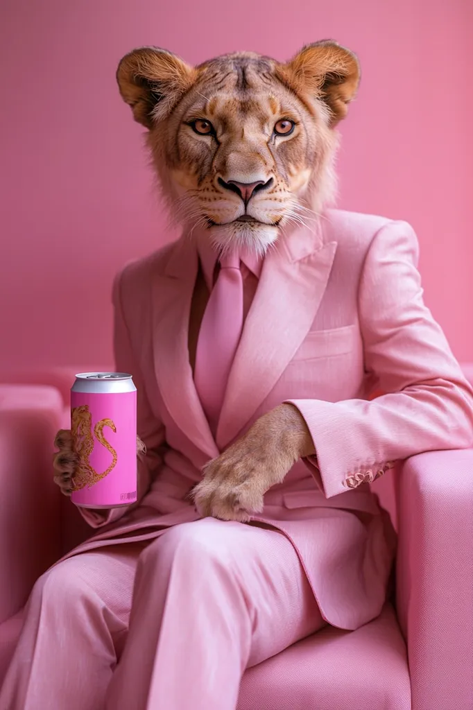 A lion wearing a pink suit and a pink tie is sitting on a pink couch. It is holding a pink can with a golden design. The background is also pink. The lion has a serious expression on its face. The image is surreal and humorous.  The lighting is soft and the overall mood is playful.
