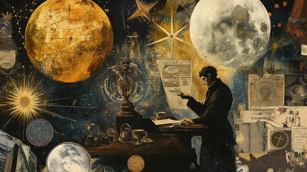 A man in a dark suit sits at a table, illuminated by a large, golden, celestial globe. He is studying a scroll, his face in deep concentration. Around him are other celestial bodies - a glowing sun, a full moon, and a starburst. The scene is layered with a collage of maps, designs, and numbers, creating an intricate and cosmic backdrop. The image conveys a sense of deep thought, scientific exploration, and the mysteries of the universe.