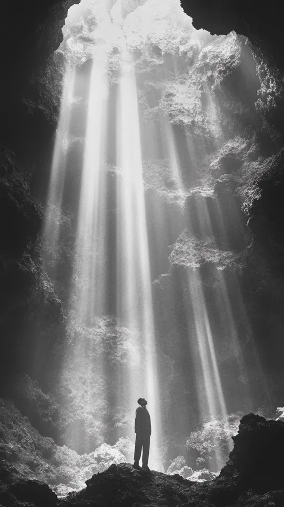 The image shows a man standing in a cave, looking up at a shaft of light coming from the opening above. The light is shining through the cave, creating a dramatic and awe-inspiring scene. The man's silhouette is stark against the bright light, adding to the sense of wonder and mystery. The image is in black and white, which enhances the contrast and dramatic effect. The rocky walls of the cave are visible on either side of the man, adding to the sense of the vastness of the space. The image evokes a sense of spirituality and the power of nature.