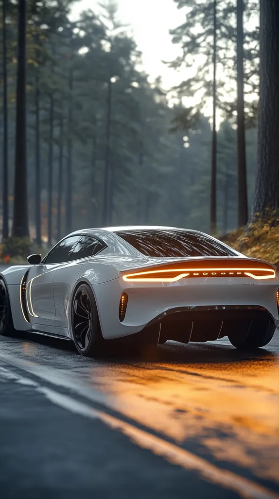 A white sports car is parked in a forest setting, its taillights glowing. The car is positioned on the edge of the road with a line down the middle. The forest is dense, with tall trees surrounding the car. The setting sun casts a warm orange light on the ground.