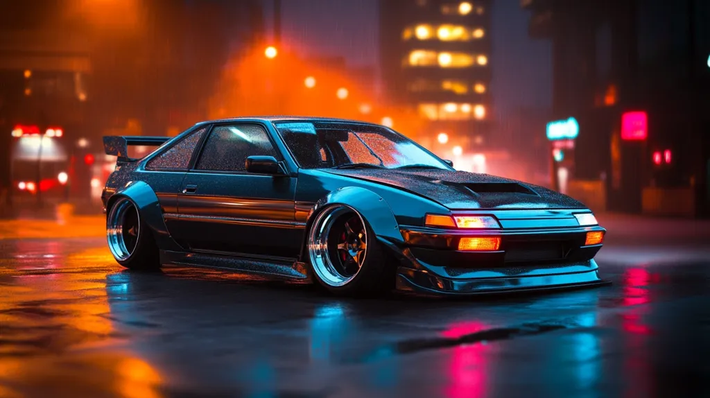 A dark blue car, possibly a Japanese sports car, sits parked on a wet, empty street. It's night and the city lights reflect in the puddles on the asphalt. The car has a low profile and wide wheels, indicating it's likely modified for performance. The image captures a sense of urban solitude and automotive passion.
