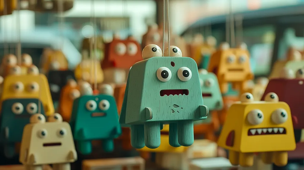 The image shows a collection of colorful, wooden, toy monsters hanging from the ceiling. They have different expressions and features, but all have large, googly eyes. The foreground is dominated by a teal monster with a wide mouth, while the background is filled with other colorful monsters, including a yellow one with teeth. The image captures a playful and whimsical atmosphere.