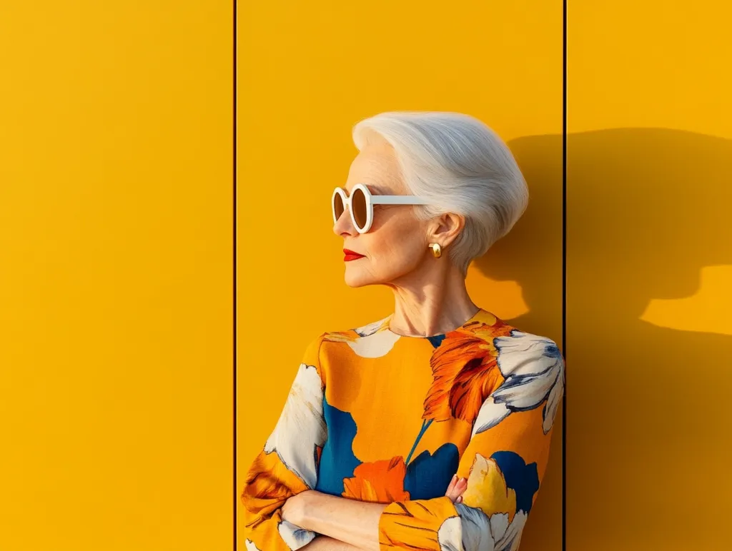 A woman with silver hair and white sunglasses is standing against a bright yellow wall. She is wearing a floral dress and has her arms crossed. The contrast of the yellow wall and the floral pattern of her dress creates a vibrant and stylish image.