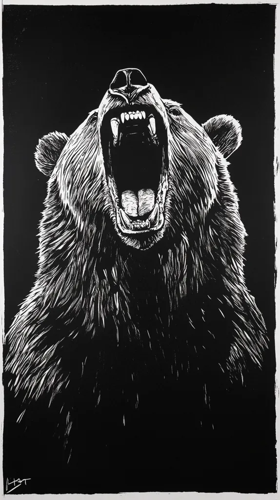 A black and white image of a bear with its mouth wide open, revealing sharp teeth. The bear's fur is depicted in a textured style, and its eyes are not visible. The image is created using a technique that gives it a stark and dramatic quality. It is likely a linocut print, with the white areas being carved into the linoleum block and the black areas being left untouched.
