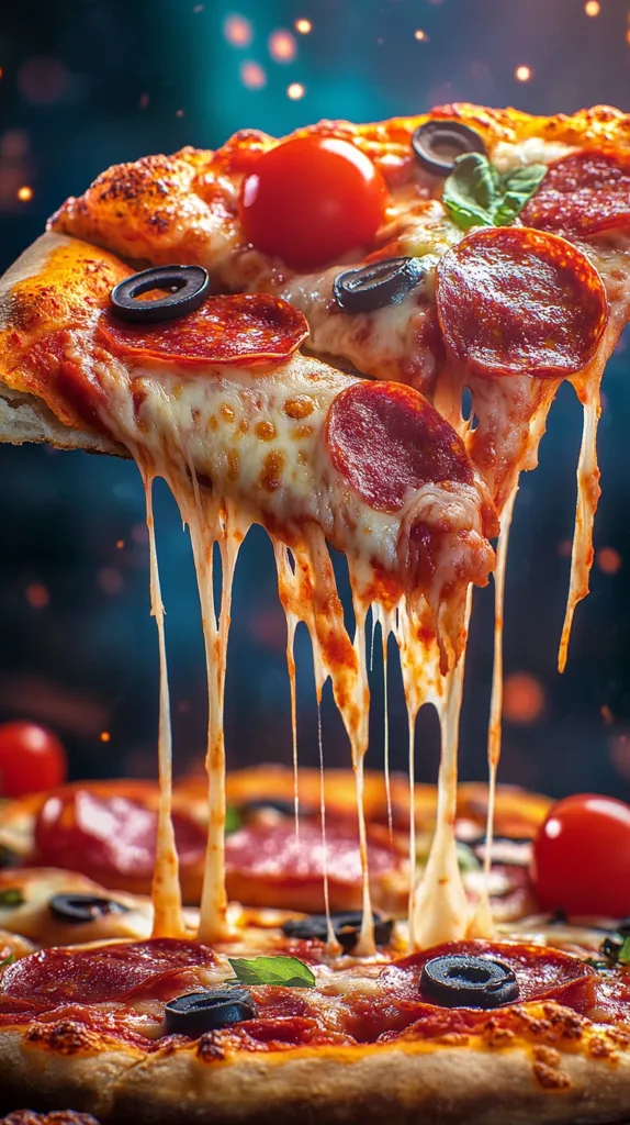 A slice of pepperoni pizza is pulled away from a whole pizza, revealing gooey melted cheese and pepperoni. The toppings include pepperoni, black olives, a cherry tomato, and a sprig of basil. The image is captured against a dark blue background with a slight bokeh effect. The pizza has a crispy crust and a generous amount of sauce.  The focus is on the stretched cheese and the pepperoni topping.  The image is meant to be visually appealing and to evoke a sense of deliciousness.