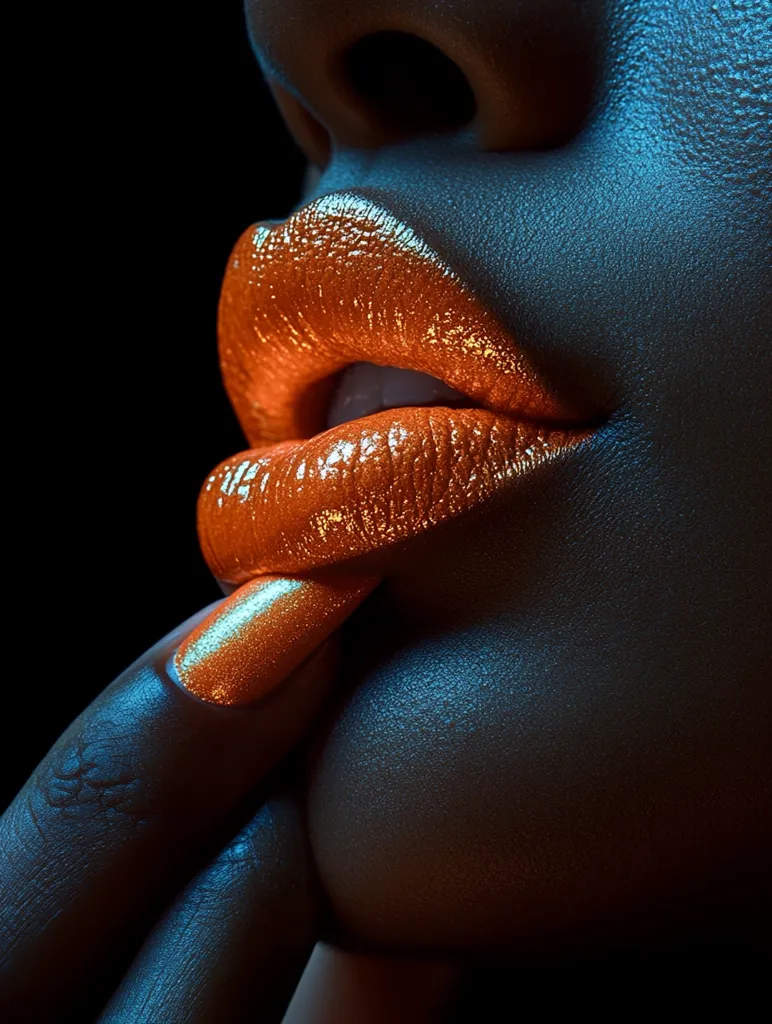 The image is a close-up shot of a person's face, focusing on their lips and a finger. The lips are painted a vibrant orange with a glossy finish, while the finger is coated in a sparkling gold polish. The skin is smooth and dark, illuminated by a blue light. The overall effect is glamorous and bold.