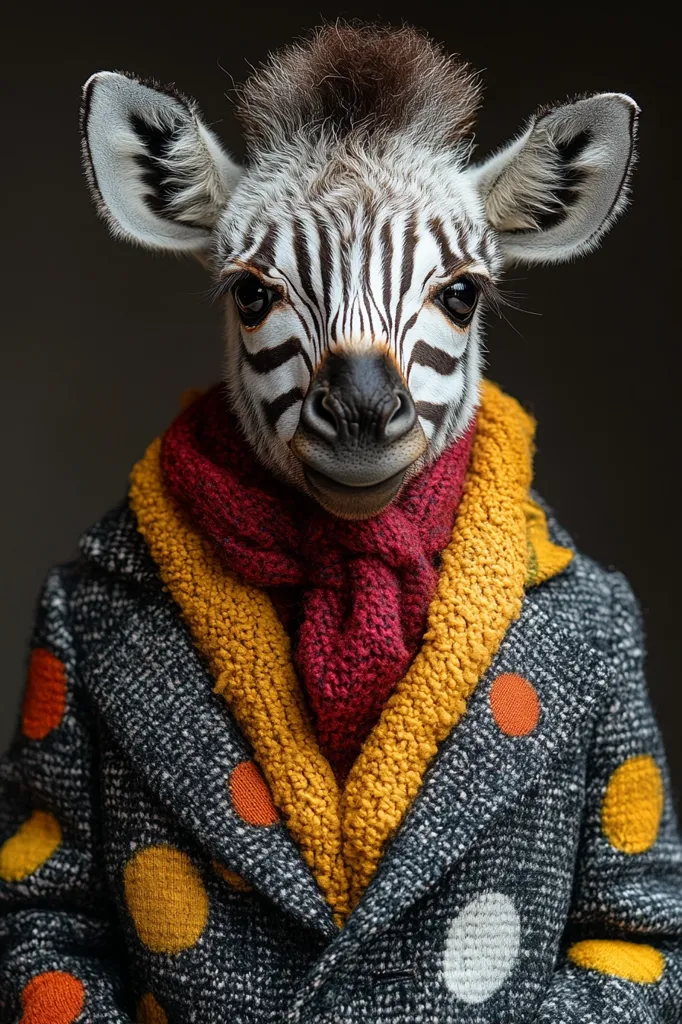 A zebra with a black and white striped face is wearing a grey, polka-dotted coat with a red scarf and a yellow collar. The zebra has a sweet expression on its face and is looking directly at the camera. The background is a dark gray. The zebra appears to be dressed up in a human fashion.  The image is humorous and whimsical.